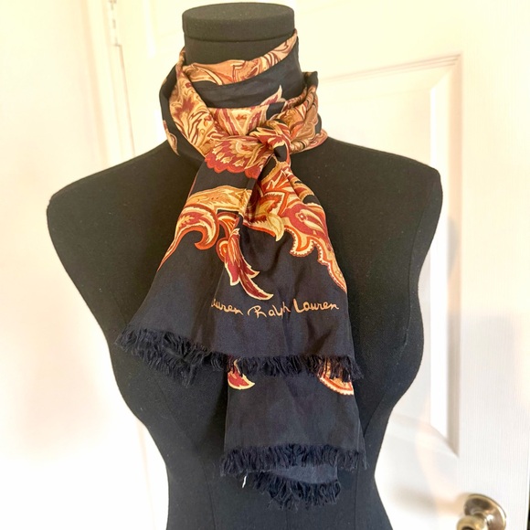 Ralph Lauren Accessories - Lauren Ralph Lauren Silk Scarf Navy Paisley Fringe Boho Equestrian Wrap